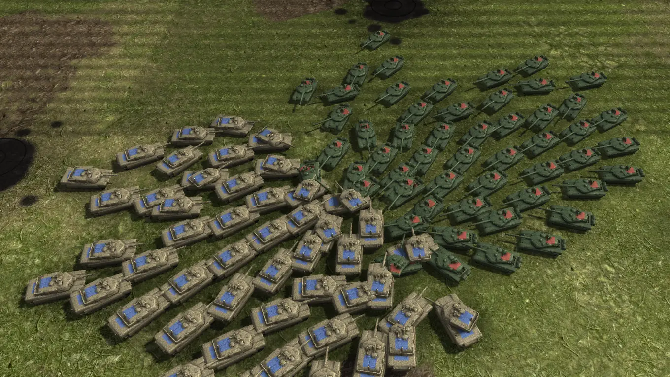 In-game screenshot: a hundred tan M1A2 Abrams tanks clashing with a hundred green T-90M tanks on the grass of Iron Valley