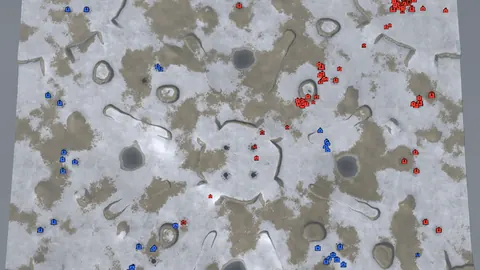 In-game screenshot: the whole Four Corners map from strategic zoom, every unit shown as a blue or red map symbol