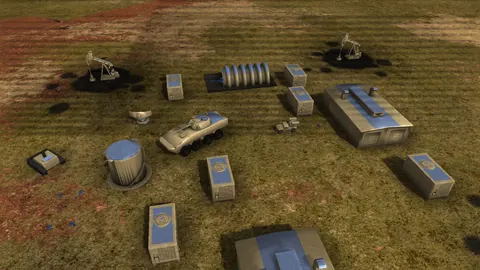 In-game screenshot: a US base on Red Steppe with pumpjacks, power plants, oil storage, a vehicle depot and the M1 Liberty command vehicle